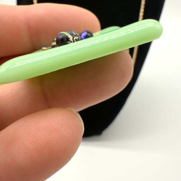 Art Glass Pendant 10K Gold Filled Necklace Green Square Fused Raised Abstract - Picture 5 of 7